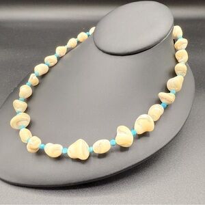 Elegant Vintage Cream Carved Shell and Turquoise Beaded Necklace